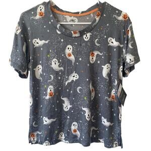 CELEBRATE HALLOWEEN Ghost Print Pajama T Shirt Gray Size Small Lightweight Knit